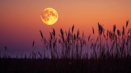 夕暮れに浮かぶ満月と草原