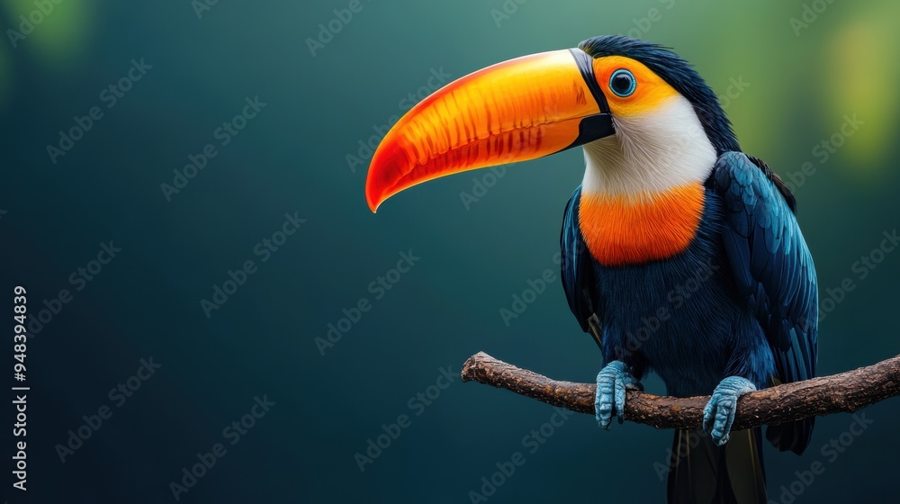 Poster a captivating design featuring a vibrant toucan resting on a branch, perfect for wildlife concepts w
