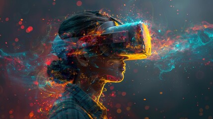 A person explores immersive virtual reality with glowing effects and vibrant colors, showcasing technology's impact on entertainment
