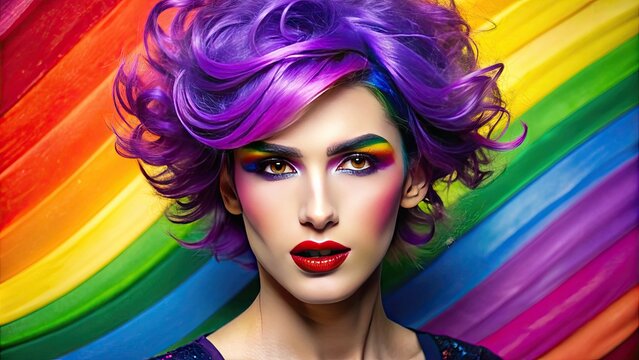 Confident non-binary individual with vibrant purple hair and bold makeup poses against a bright rainbow-colored background, exuding self-acceptance and empowerment.