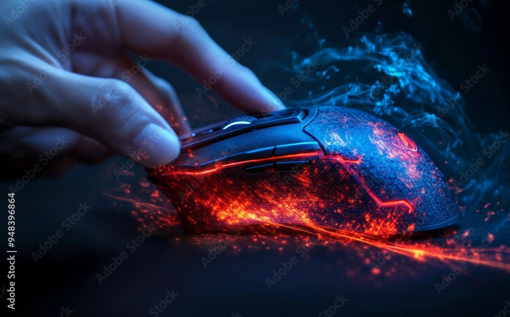 Poster with a technological light as a line of motion, this is a professional wireless game mouse against a