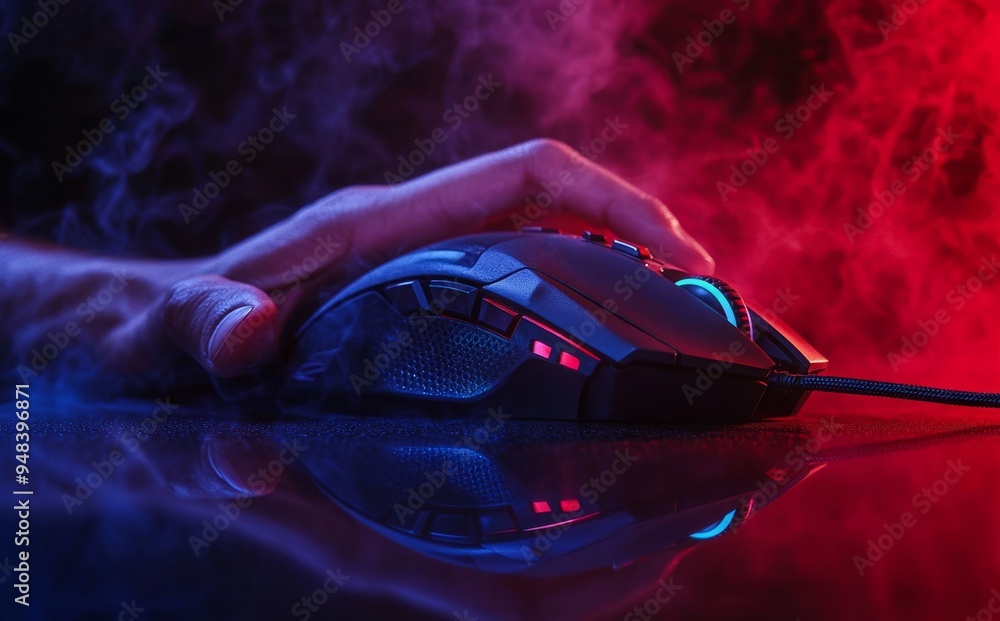 Poster this is a close up of a hand holding a wireless game mouse on a dark background with smoke.