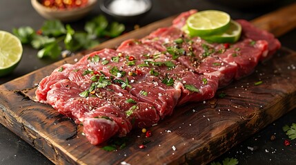 A raw skirt steak on a rustic wooden wooden board, garnished with sliced limes, chili flakes, and fresh cilantro, warm golden hour lighting creating rich highlights, soft shadows, detailed textures.