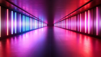 The figure is in neon light against a dark tunnel, the glow emanating from the laser is seen.