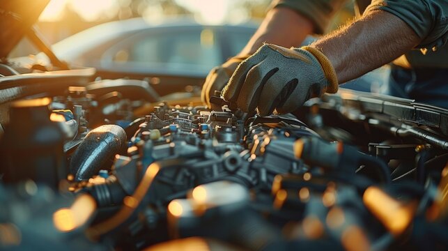 Mechanic performing detailed engine repairs during golden hour with warm sunlight illuminating the work area