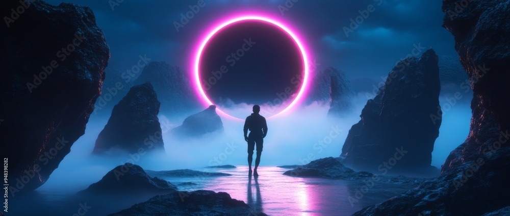 Poster dark scene with neon lights. abstract futuristic background with large object in the center.