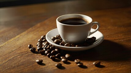 Obraz premium Steaming Cup of Freshly Brewed Coffee Surrounded by Roasted Coffee Beans on a Rustic Wooden Table