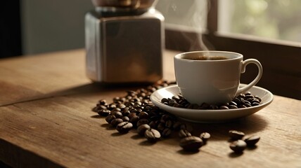 Steaming Cup of Freshly Brewed Coffee Surrounded by Roasted Coffee Beans on a Rustic Wooden Table