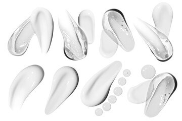 set of smears of transparent cosmetic gel, smears cream and drops. On an empty background.