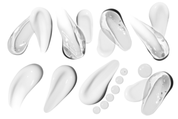 set of smears of transparent cosmetic gel, smears cream and drops. On an empty background.
