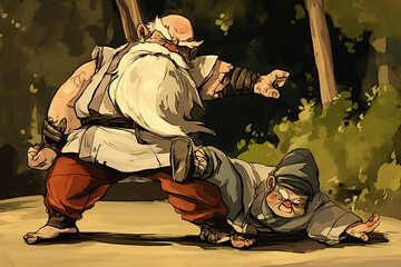Elderly Martial Artists in Action  Cartoon Style Forest Background, Martial Arts, Elderly Characters, Fighting Scene, Dynamic Illustration