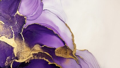 Violet and gold marble abstract backgrounds in alcohol ink technique. Set of vector stone textures. Modern paint with glitter. Template for banner, poster design. Fluid art painting