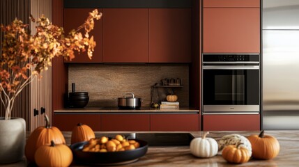 A kitchen with a red countertop and orange pumpkins on it