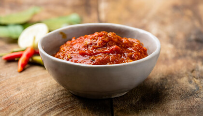Bowl of sambal paste on wooden background. Food and spice concept.