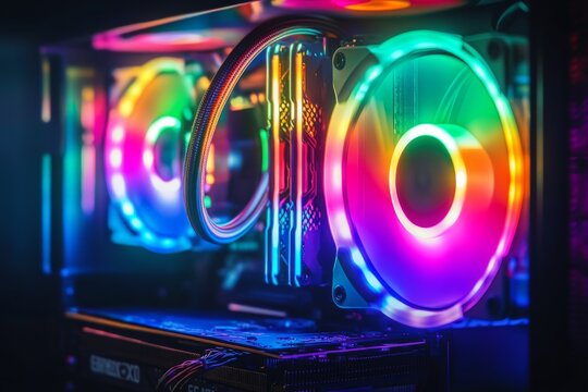 A gaming PC with RGB LED lights, assembled with hardware components