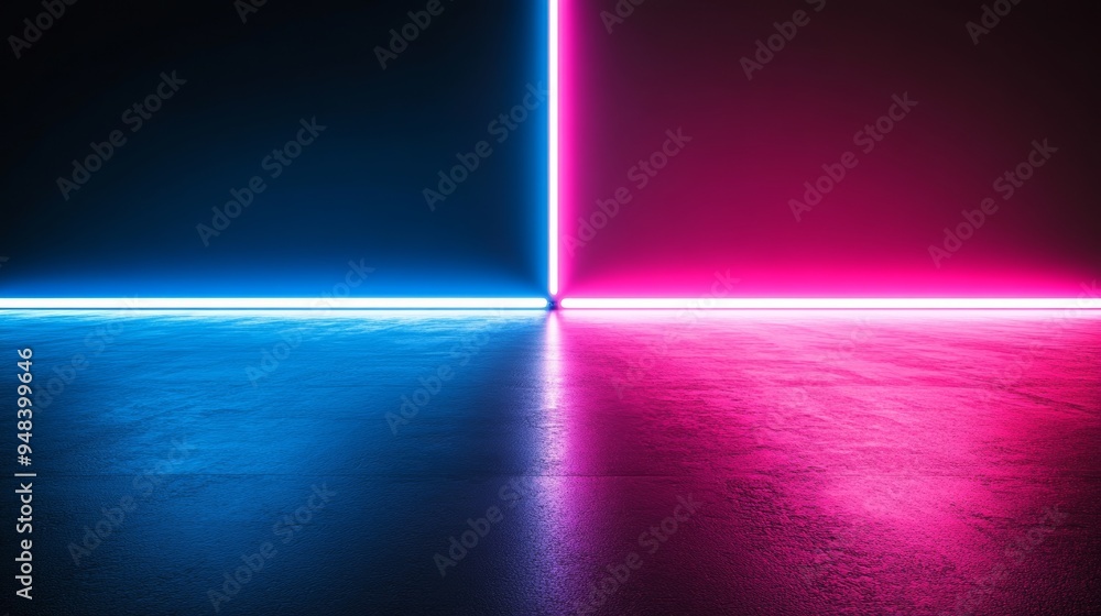 Poster angular laser ray signal on abstract futuristic red blue background with vertical glowing neon line