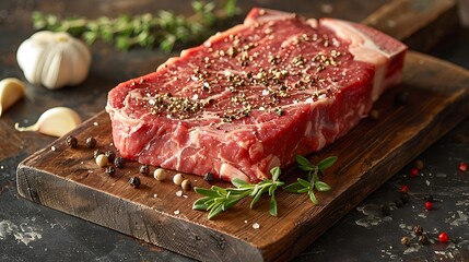 Obraz premium A raw T-bone steak on a rustic wooden wooden board, garnished with peppercorns, garlic cloves, and a sprig of fresh thyme, warm golden hour lighting creating rich highlights, soft shadows,