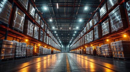 Fototapeta premium Inventory storage area with stacked pallets and bright overhead lights in a modern warehouse during nighttime operations