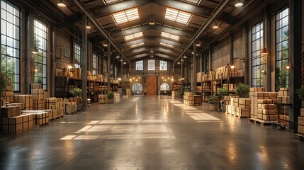 Fototapeta premium A spacious warehouse interior filled with stacked boxes and natural light highlighting the organized storage area