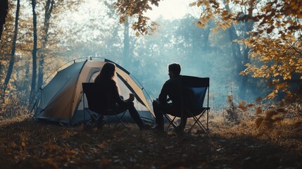 Couple relaxing by a tent in a serene forest during autumn, enjoying nature together in the cool daylight
