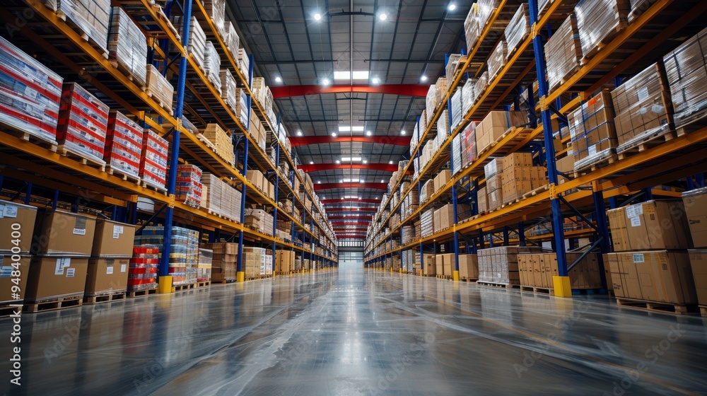 Poster a wide view of a well-organized warehouse filled with rows of shelves and stacked boxes during dayti