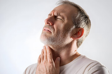 Obraz premium Close up Young man having sore throat and touching his neck