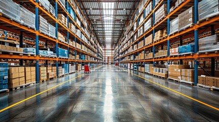 A view of the spacious warehouse with rows of shelving stacked with boxes in a well-lit industrial facility
