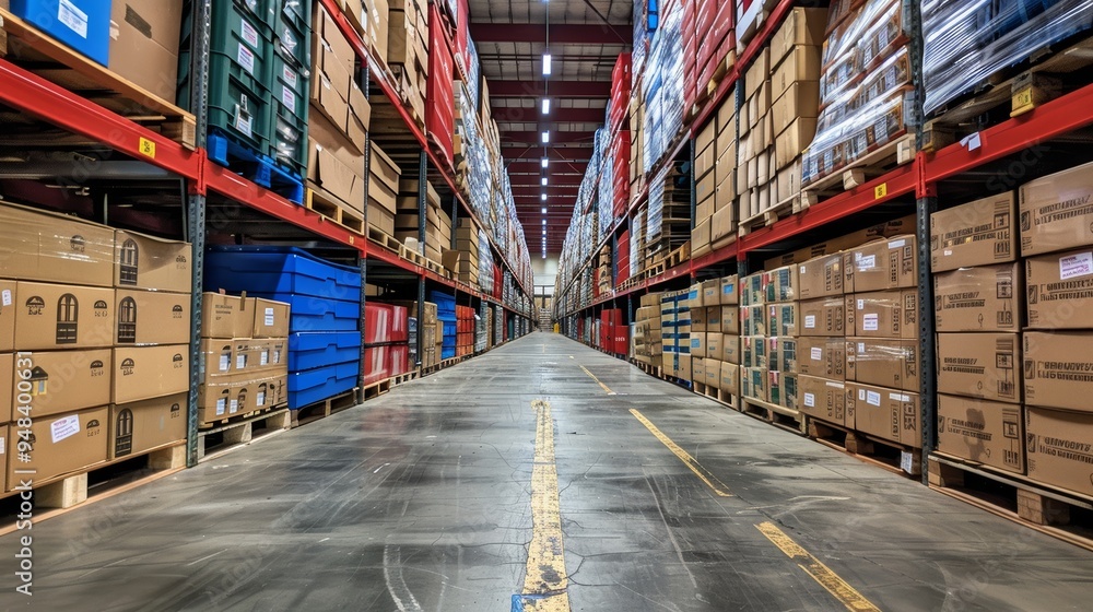 Poster aisle in a large warehouse filled with neatly stacked boxes and pallets in an organized storage faci