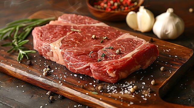A raw T-bone steak placed on a rustic wooden wooden board, surrounded by scattered peppercorns, garlic cloves, and a sprig of fresh thyme, soft natural light creating gentle shadows,