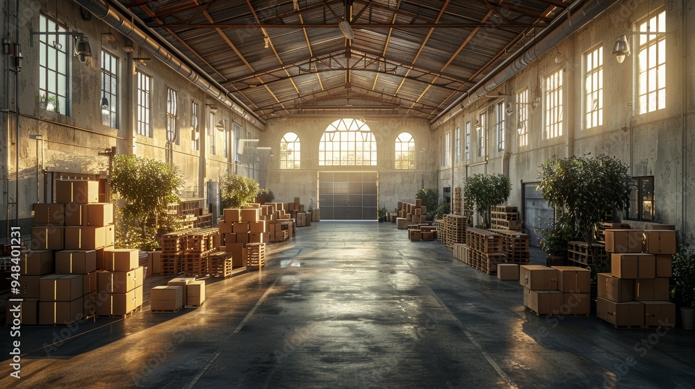 Poster sunlight streams through large windows in an empty warehouse filled with stacked boxes and wooden pa