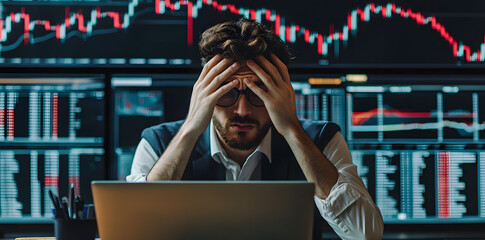 Upset caucasian business man, trader sitting at workplace with laptop