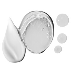composition of smears of transparent cosmetic gel, smear cream and drops on an empty background