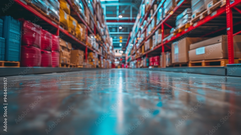 Poster aisle view of a busy warehouse filled with stacked boxes and colorful storage bins during daylight h