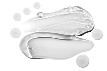 composition of smears of transparent cosmetic gel and drops on an empty background