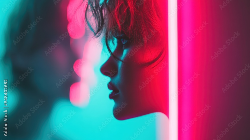 Poster an artistic image combining neon lights with the silhouette of curly hair, creating an abstract and 