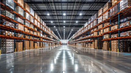 Fototapeta premium Large warehouse interior filled with stacked boxes and shelves under bright overhead lights