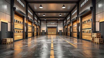 Fototapeta premium Modern industrial warehouse interior with polished concrete floor and organized storage spaces in the daytime