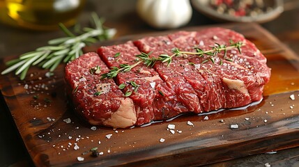 Close-up of a raw porterhouse steak on a wooden wooden board, garnished with a mix of herbs, garlic bulbs, and olive oil drizzles, side lighting highlighting the marbling and textures,