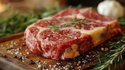 Obraz premium Close-up of a raw ribeye steak on a rustic wooden board, surrounded by fresh rosemary and garlic, detailed marbling, soft natural light, textures of wood and meat emphasized, earthy tones,