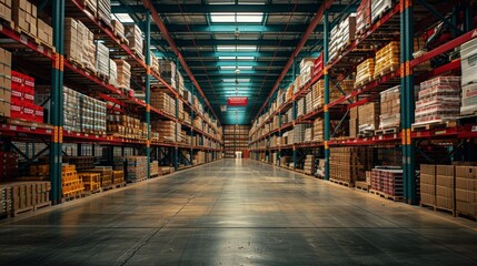 Fototapeta premium A spacious warehouse filled with neatly stacked boxes and shelves, illuminated by overhead lights during daylight hours