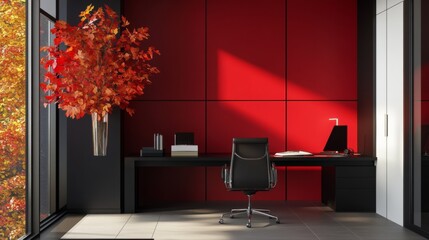 A black office chair sits in front of a desk with a computer