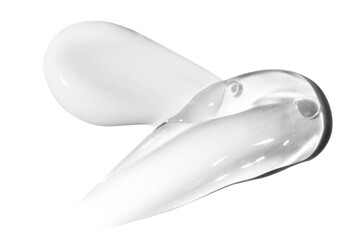 Strokes of white cream and transparent gel in the form of a composition. On a blank background.