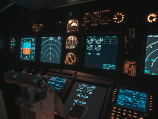 Cockpit view of an airplane during a night-time flight with illuminated instrument panels