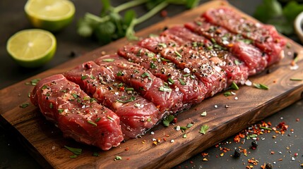 Close-up of a raw skirt steak on a wooden wooden board, garnished with sliced limes, scattered chili flakes, and cilantro leaves, side lighting highlighting the textures and vibrant colors,