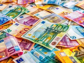 Obraz premium Crinkled and folded Euro banknotes in various denominations are scattered across a surface, showcasing the European currency's vibrant colors and security features up close.