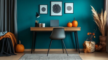 A desk with a laptop and a chair in front of a blue wall