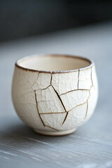 Philosophy of life concept, Living a happy and balanced life, Understanding change and impermanence, Japanese teacup with crack.