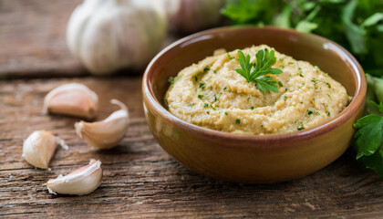 Bowl of toum, Lebanese garlic paste on wooden background. Food and spice concept.