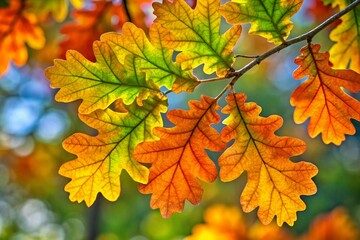 Fototapeta premium A graceful oak branch adorned with vibrant fall leaves in hues of orange, red, and yellow, creating a striking contrast against the crisp autumn sky. Perfect for a seasonal nature scene.