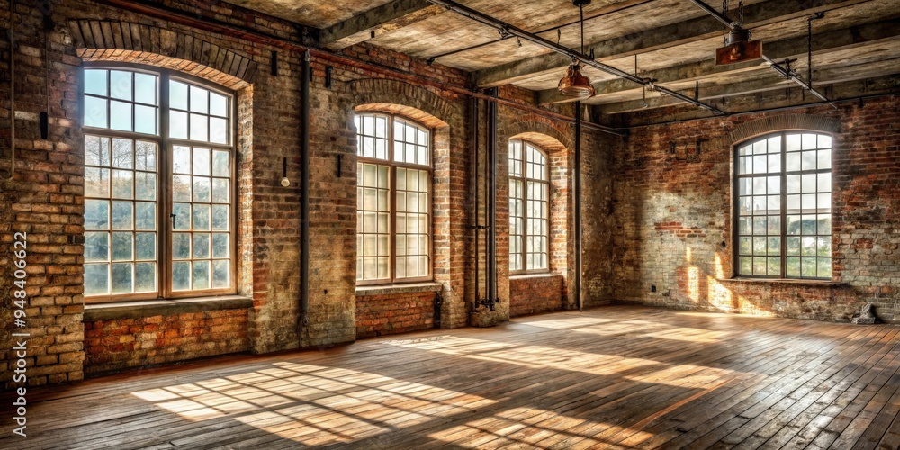 Poster rustic studio with distressed brick walls and old windows